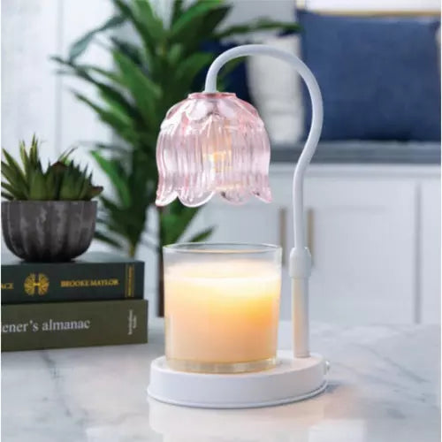 Decorative lamp with pink floral shade on a candle holder, placed on a surface with books and plants in the background.