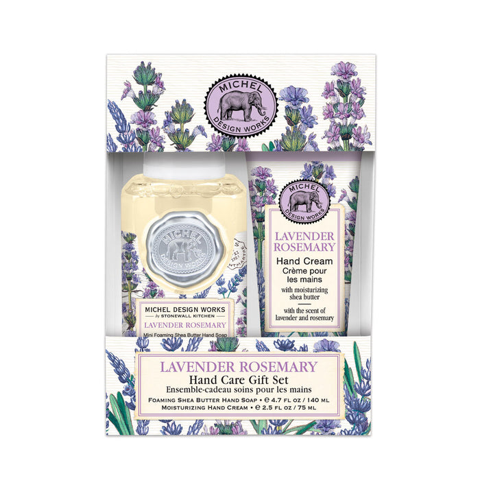 Michel Design Works Lavender Rosemary hand care gift set with soap and cream in packaging.