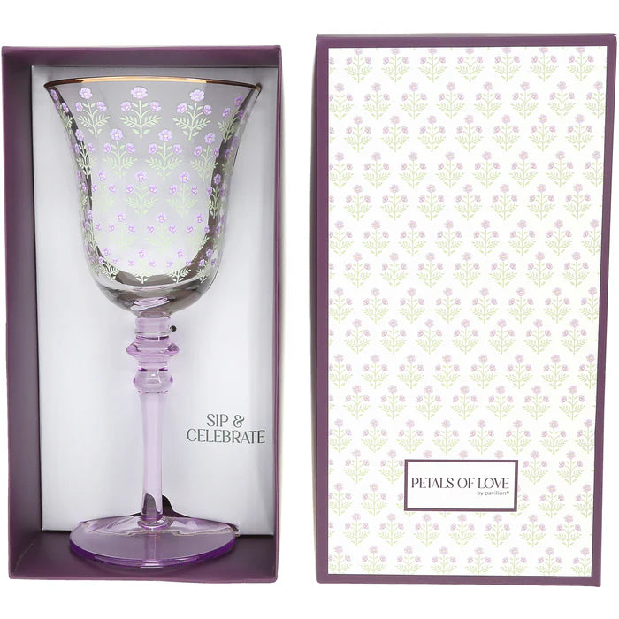 Decorative wine glass with floral pattern in a matching box