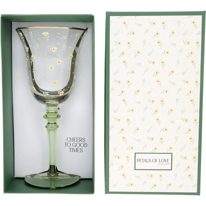 Decorative glass goblet in a floral-patterned box with 'Cheers to Good Times' text.