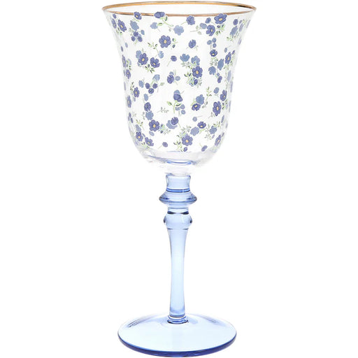 Floral-patterned wine glass on a white background