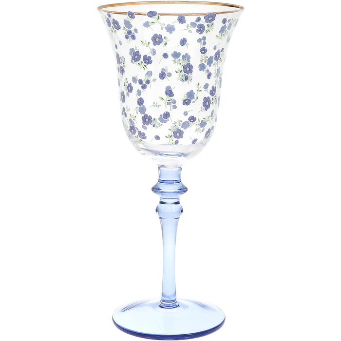 Floral-patterned wine glass on a white background
