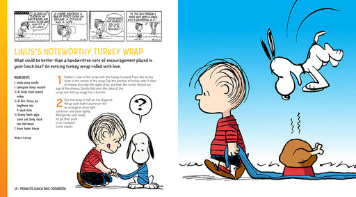Comic book page with Charlie Brown and Snoopy wrapping a turkey, with text on the left side.
