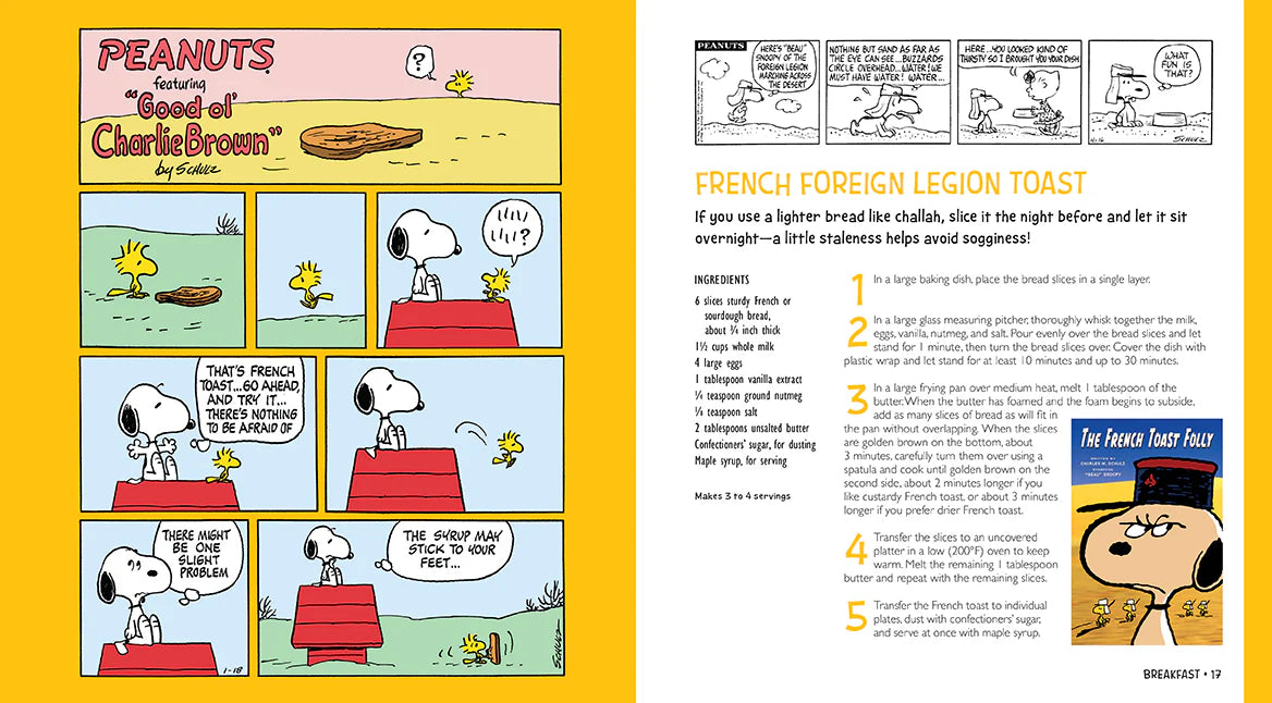 Comic strip featuring Snoopy and Woodstock with a recipe for French Foreign Legion Toast on a yellow background.