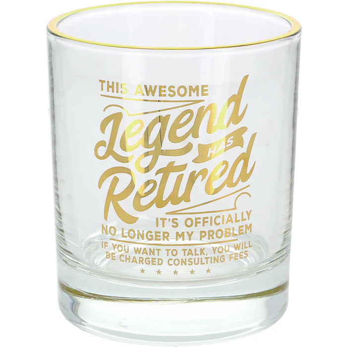 Clear glass with gold text on a white background