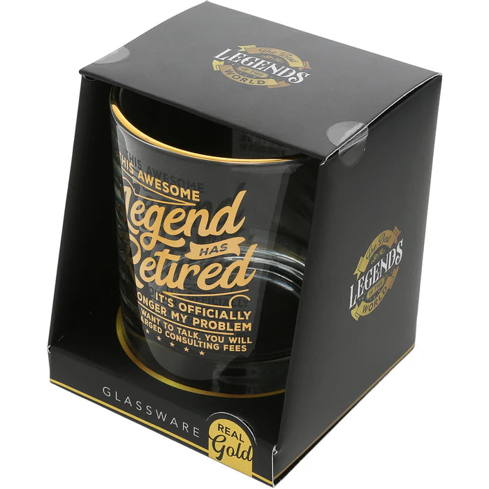 Black mug with gold text in a black box packaging, featuring the brand 'Legends'.