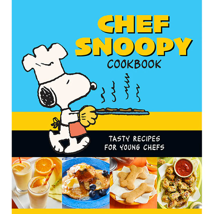 Cookbook cover featuring Chef Snoopy with cooking utensils against a blue and yellow background.