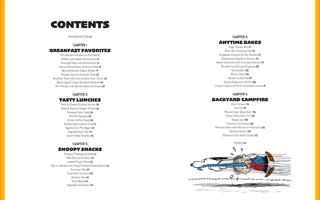 Table of contents for a cookbook with chapter titles and a colorful illustration on a white background.