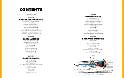 Table of contents for a cookbook with chapter titles and a colorful illustration on a white background.