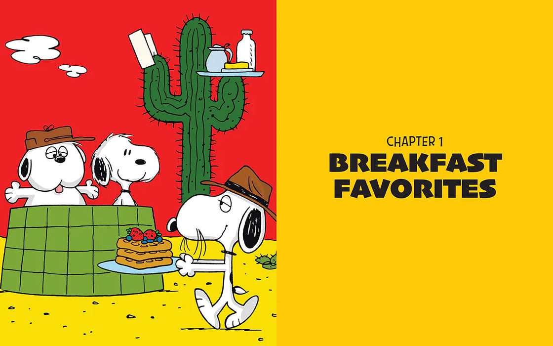 Cartoon characters around a cactus with breakfast items, set against a red and yellow background.