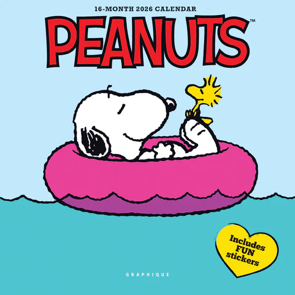 Peanuts calendar cover with Snoopy and Woodstock on a pink inner tube against a blue background.