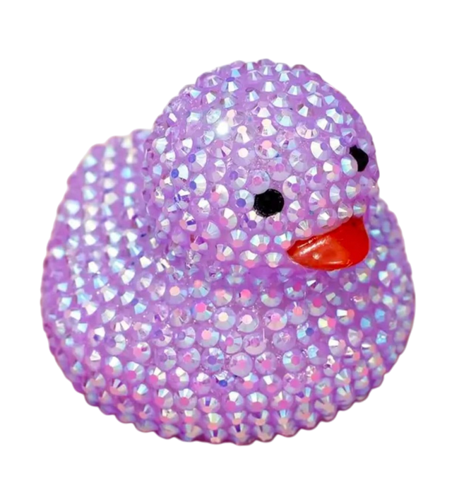 Purple glittery rubber duck with a red beak on a white background