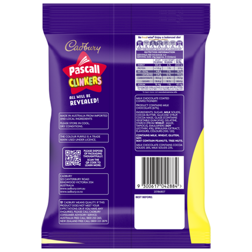 Purple packaging of Cadbury Pascall Clinkers with text and branding.