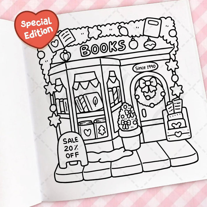Coloring book page with a bookstore illustration and 'Special Edition' label on a pink checkered background.