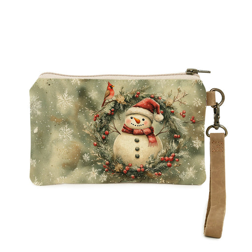 Christmas-themed pouch with a snowman design on a white background