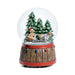Christmas-themed snow globe with Santa Claus and reindeer in front of Christmas trees on a white background