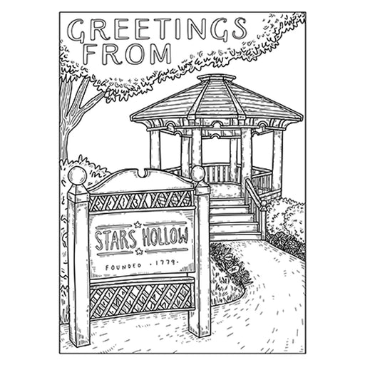 Illustration of a gazebo with a sign reading 'Greetings from Stars Hollow' on a white background.
