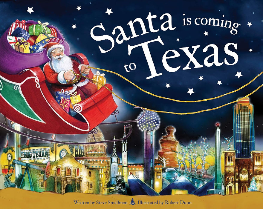 Book cover of 'Santa is coming to Texas' with Santa Claus in a sleigh and city skyline.