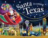 Book cover of 'Santa is coming to Texas' with Santa Claus in a sleigh and city skyline.