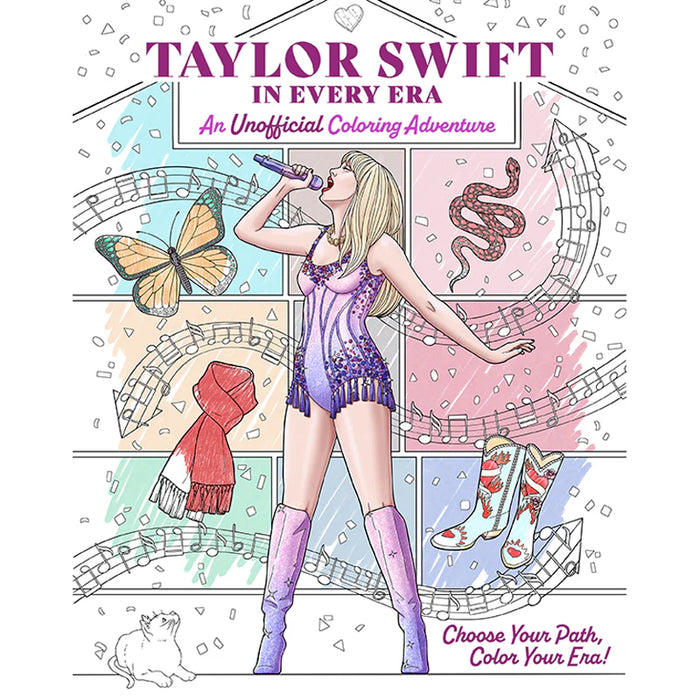 Coloring book cover featuring Taylor Swift with musical elements and text 'Taylor Swift in Every Era'.