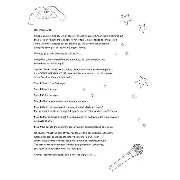 Text-based coloring book instructions with a microphone illustration on a white background