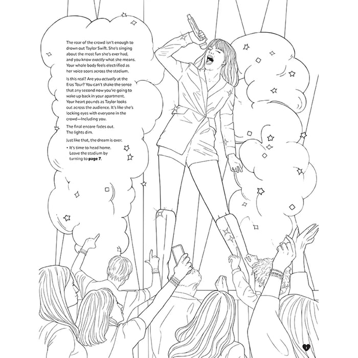 Coloring book page with a singer on stage and crowd, text overlay