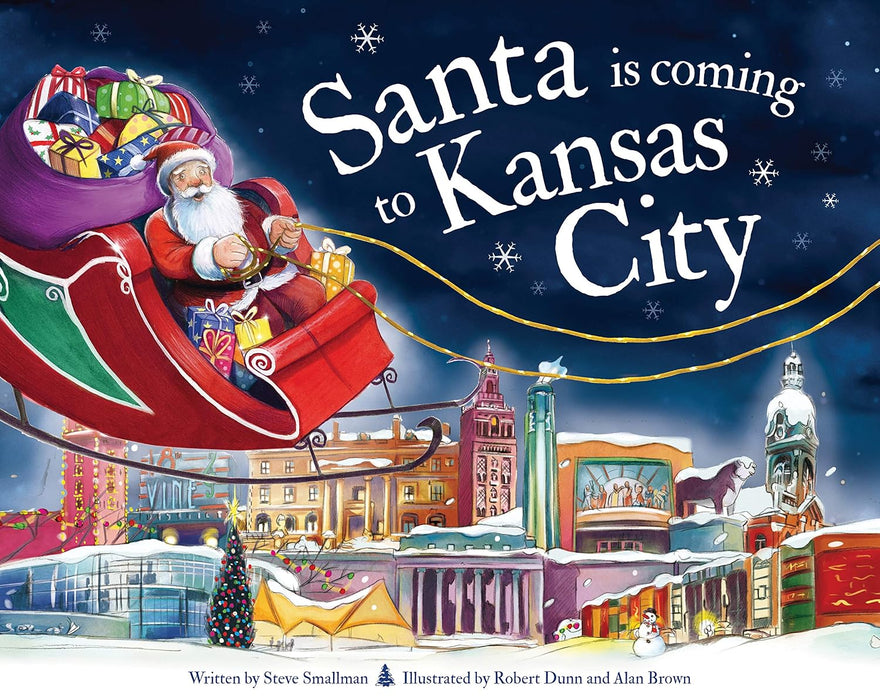 A book cover of Santa flying in his sleigh over a skyline with the title "Santa is Coming to Kansas City"