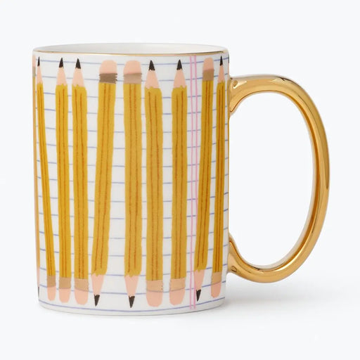 A white ceramic mug featuring a printed pattern of yellow pencils on lined notebook paper, with a shiny gold handle and rim.