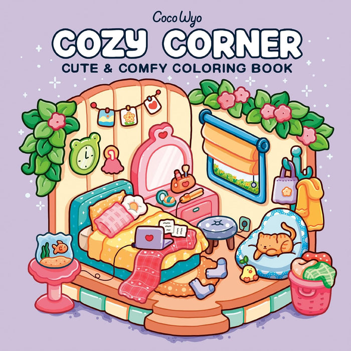 Cover of 'Cozy Corner' coloring book by Coco Wyo with a bedroom illustration on a purple background.