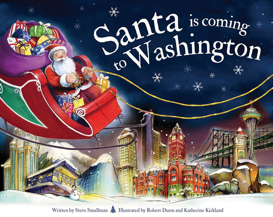 A book cover of Santa flying in his sleigh over Washington with the title "SANTA IS COMING TO WASHINGTON"