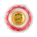 Top-down view of a Lalit hand drum with a gold-colored center, red and white painted rims, and silver metal rims around the edge, on a white background.