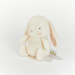 White plush bunny toy with a tag on a light gray background