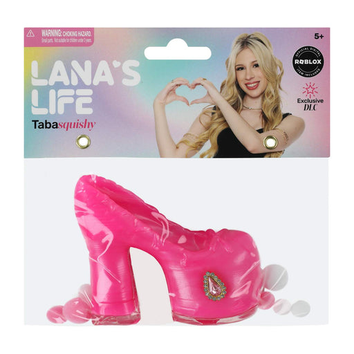 Pink high-heeled toy with packaging featuring a woman's face and 'Lana's Life' branding.