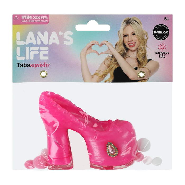 Pink high-heeled toy with packaging featuring a woman's face and 'Lana's Life' branding.