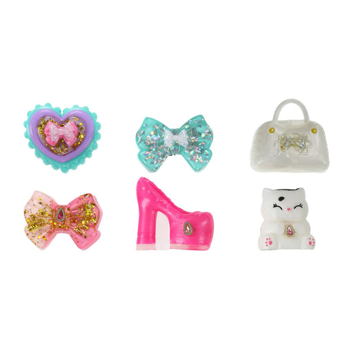 Set of decorative items including a heart-shaped box, bow, high-heeled shoe, and cat-shaped container on a white background.