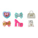 Set of decorative items including a heart-shaped box, bow, high-heeled shoe, and cat-shaped container on a white background.