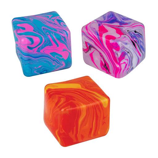 Three colorful marbled dice on a white background