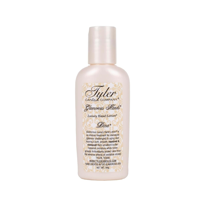 Bottle of Tyler Candle Company hand lotion on a white background