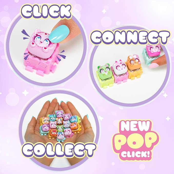 Promotional collage for a toy set showing three circular action scenes and text overlays: a hand pressing a pink pop-up toy labeled CLICK, a hand connecting multiple small colorful toy figures labeled CONNECT, and a hand holding a cluster of the collectible toys labeled COLLECT, with a 'NEW POP CLICK!' badge on a lavender background.