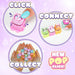 Promotional collage for a toy set showing three circular action scenes and text overlays: a hand pressing a pink pop-up toy labeled CLICK, a hand connecting multiple small colorful toy figures labeled CONNECT, and a hand holding a cluster of the collectible toys labeled COLLECT, with a 'NEW POP CLICK!' badge on a lavender background.