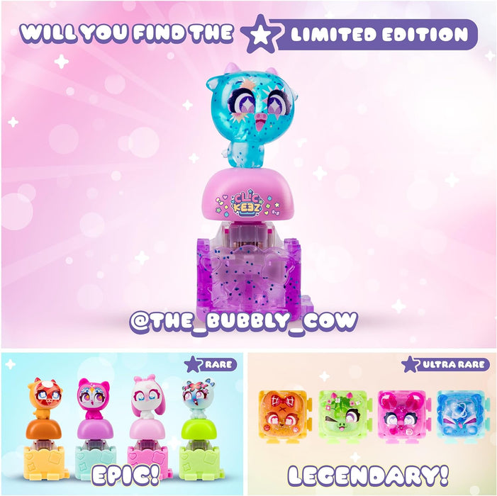 A promotional collage for a collectible bubble toy set. The main image shows a blue glittery cat bubble character sitting on a pink and purple bubble machine, with text reading 'WILL YOU FIND THE LIMITED EDITION'.