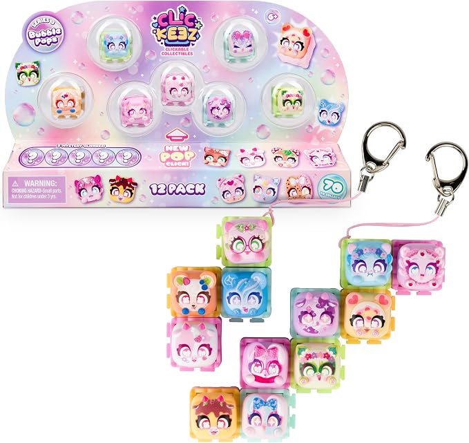 A 12-pack of Lizzy Eatz Pop Puff toy charms shown with their retail packaging and two keychain accessories on a plain white background.