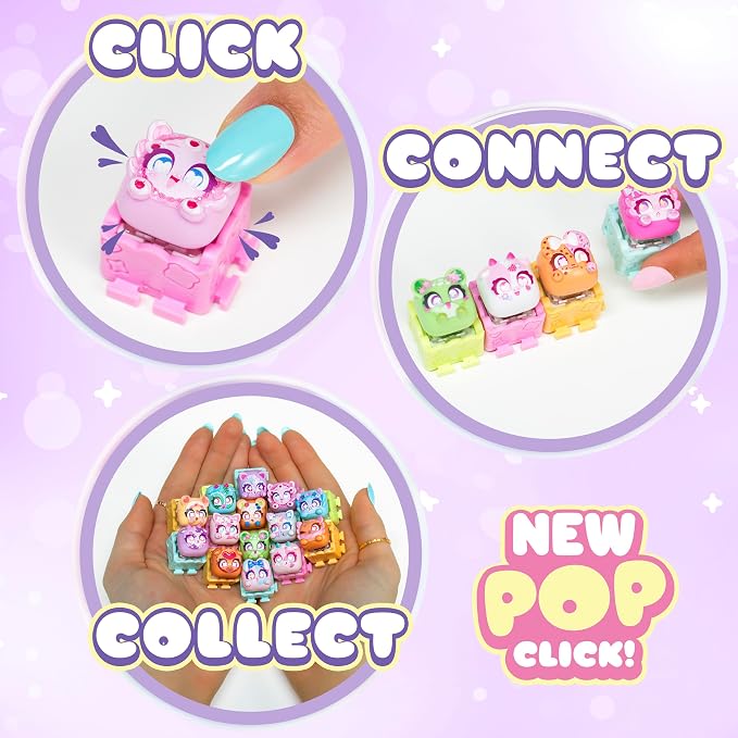 Promotional graphic for a toy set showing three circular usage panels and a 'NEW POP CLICK!' badge on a pastel purple background. The panels include a hand pressing a pink toy, multiple colorful toys being connected, and a hand holding a collection of small pop-up toys.