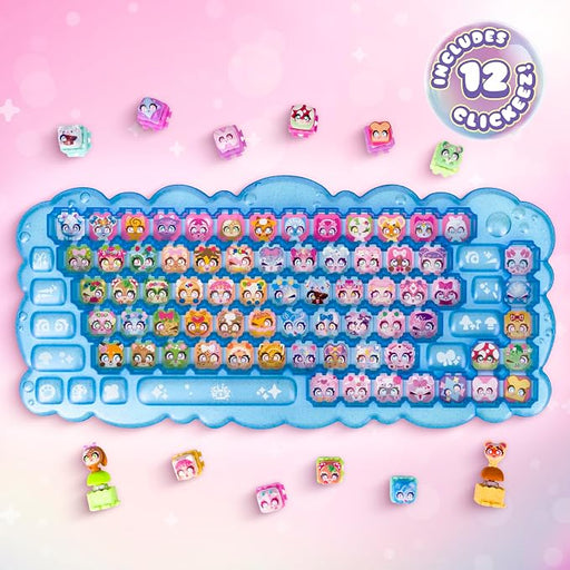 A blue keyboard-shaped toy with rows of small cartoon character keycaps arranged on a pink background. Several loose character keycaps are scattered around the keyboard, and a circular badge in the top right says 'Includes 12 clickers.
