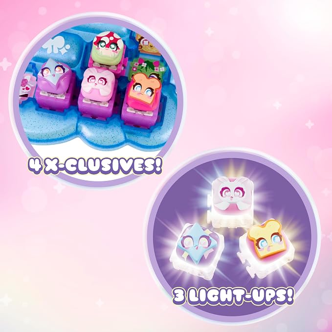 Promotional graphic for a toy set showing two circular inset images on a pink sparkly background. The top-left inset shows four colorful character figures in purple and pastel blocks with the text '4 X-CLUSIVES!'.