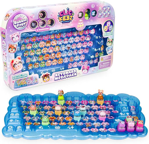 Elie Krez Keyboard Megaball set featuring a large blue keyboard-shaped tray filled with small colorful character tokens, shown alongside its pink retail packaging box on a white background.