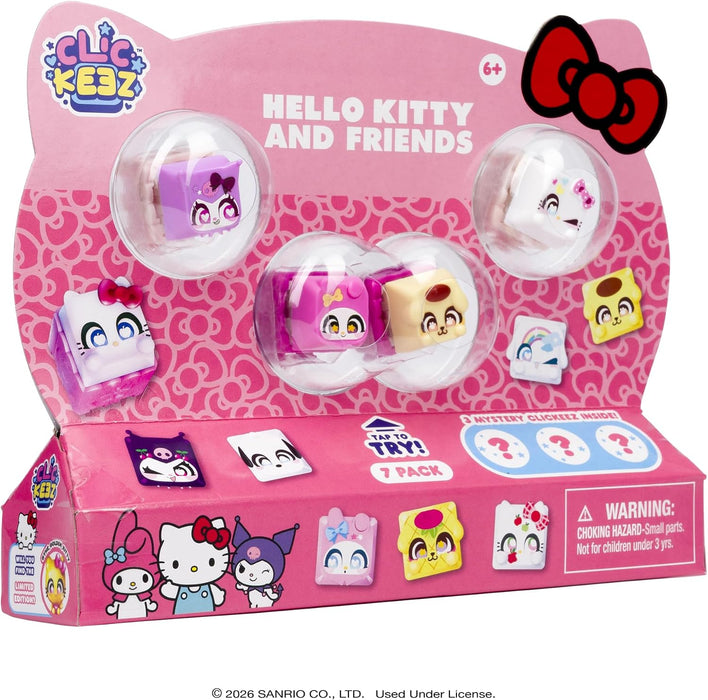 Cluekieez Hello Kitty and Friends 7-pack blind box toy set, featuring three mystery capsules and a mystery cookie mold, with Sanrio character graphics on a pink background.