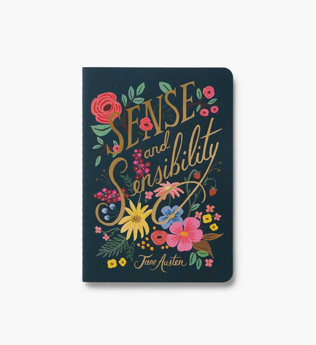 Notebook cover with 'Sense and Sensibility' text and floral design on a white background