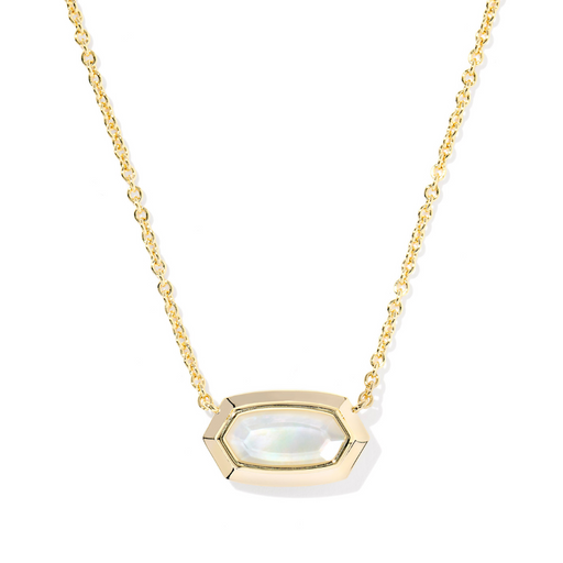 Gold necklace with a hexagonal pendant on a white background