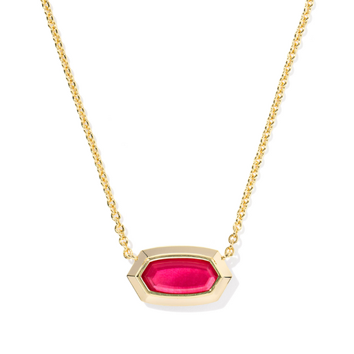 Necklace with a pink pendant and gold chain on a white background